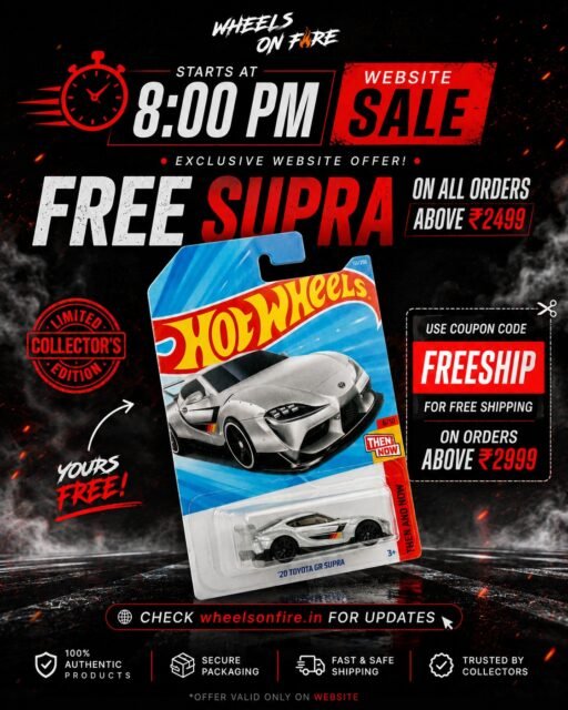 🔥 **IT’S LIVE! THE WHEELS ON FIRE WEBSITE SALE STARTS NOW!** 🔥

We’ve got **TWO BIG DEALS** dropping tonight 👀

🏎️ **FREE ’20 TOYOTA GR SUPRA**
Get a FREE Supra on **orders above ₹2,499!** 🤯

🚚 **FREE SHIPPING**
Use code **FREESHIP** at checkout for free shipping on **orders above ₹2,999.**

⏰ **SALE STARTS: 8:00 PM**
🌐 **ONLY ON:** wheelsonfire.in

Limited stock. Don’t wait till it’s gone. 🔥

**Collectors, this one’s for you. 🫡🏁**

#WheelsOnFire #HotWheelsIndia #HotWheelsCollectors #HotWheelsSale #DiecastIndia #FreeSupra #WebsiteSale
