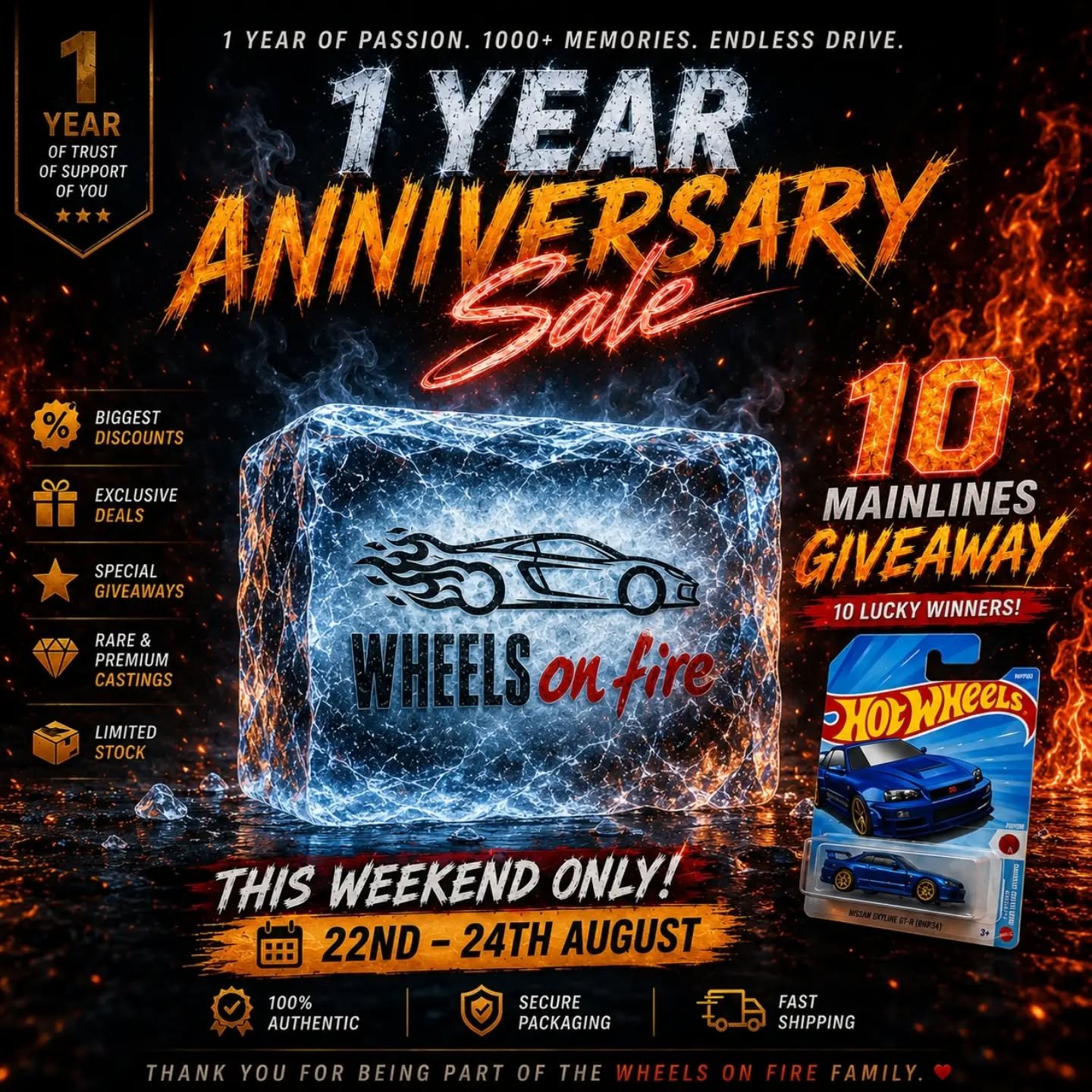 🔥 ONE YEAR. ONE MASSIVE CELEBRATION. 🔥
Wheels On Fire turns 1! 🥳🏁
And we’re celebrating the only way we know how — BIG. 💥
🎉 OUR BIGGEST ANNIVERSARY SALE IS HERE!
💸 Massive discounts
🎁 Exclusive deals & giveaways
🏎️ Rare & premium castings
🔥 10 MAINLINES GIVEAWAY — 10 LUCKY WINNERS!
📅 22ND – 24TH AUGUST ONLY
One year of collecting, packing, shipping, late nights, crazy deals and, most importantly, an amazing community behind us. ❤️
From the very first order to where we are today — thank you for being a part of the Wheels On Fire family.
This isn’t just a sale.
It’s our first milestone. 🏆
🔥 LET’S MAKE THIS ANNIVERSARY UNFORGETTABLE.
#wheelsonfire #HotWheels #diecast #cars #fypppppppppppppppppppppppppppppppppppppppppppppppppppppppppppppppppppppp