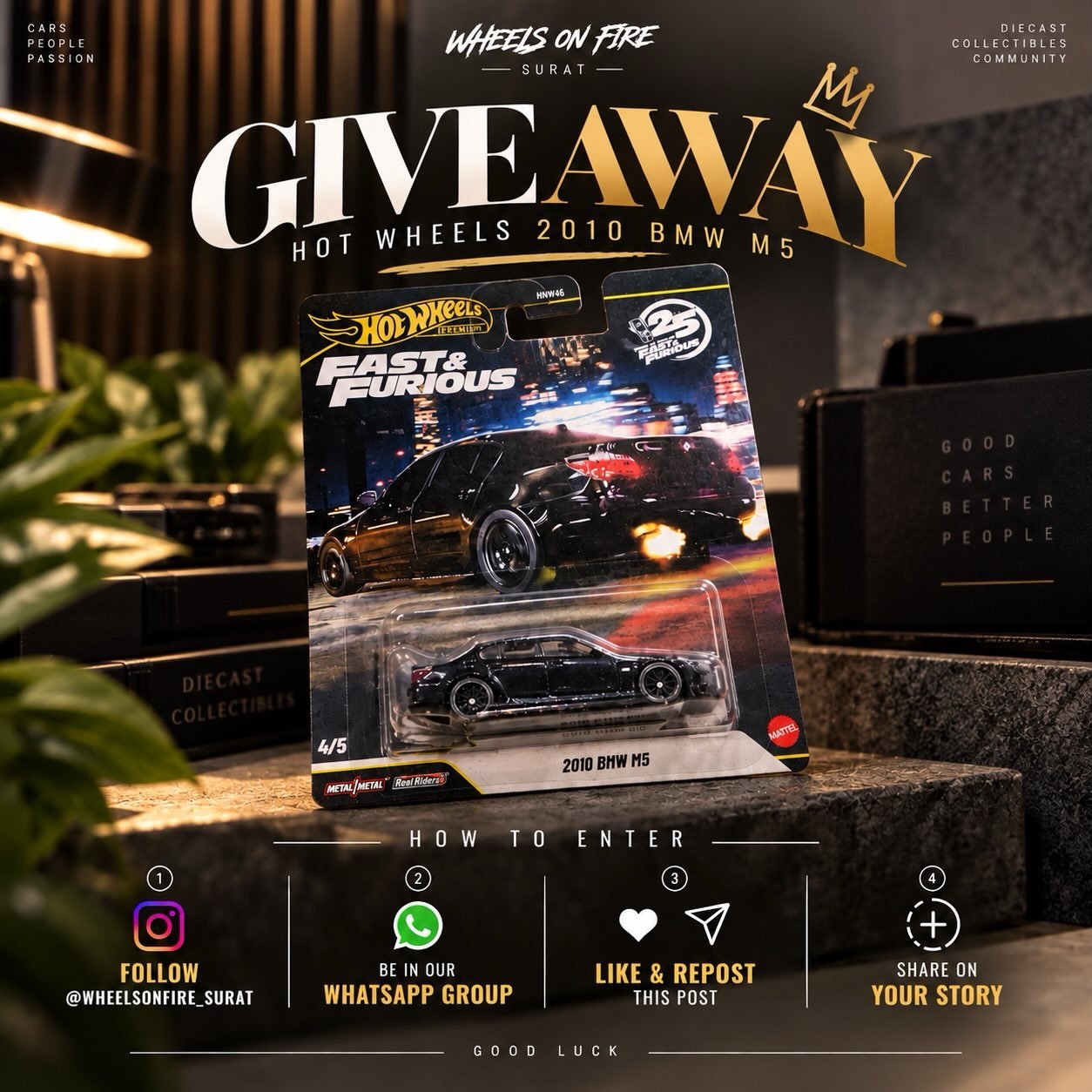 🏁 THE BMW M5 IS UP FOR GRABS. 🏁

One lucky collector is taking home this Hot Wheels Fast & Furious 2010 BMW M5 — COMPLETELY FREE. 🔥

Want a chance to add it to your collection?

HOW TO ENTER 👇

1️⃣ Follow @wheelsonfire_surat 
2️⃣ Join our WhatsApp Group
3️⃣ Like & repost this post
4️⃣ Share this post to your story & tag @wheelsonfire_surat

⚠️ ALL 4 STEPS ARE MANDATORY TO QUALIFY.

Whether you’re a Hot Wheels collector, BMW fan, or Fast & Furious enthusiast — this one’s for you. 🏁

SHARE IT. ENTER IT. GOOD LUCK. 🖤🔥

#hotwheels #cars #diecast #giveaway #bmw